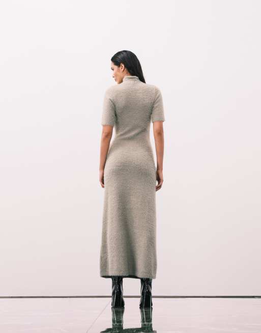 Pretty Lavish fluffy knit roll neck short sleeve maxi dress in sage green, 4 of 4