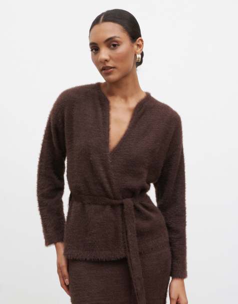 Pretty Lavish fluffy knit tie waist cardigan in chocolate brown - view 1