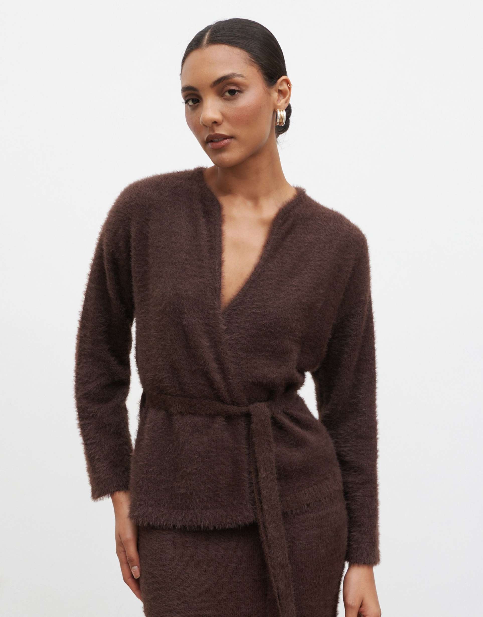 pretty lavish fluffy knit tie waist cardigan in chocolate brown