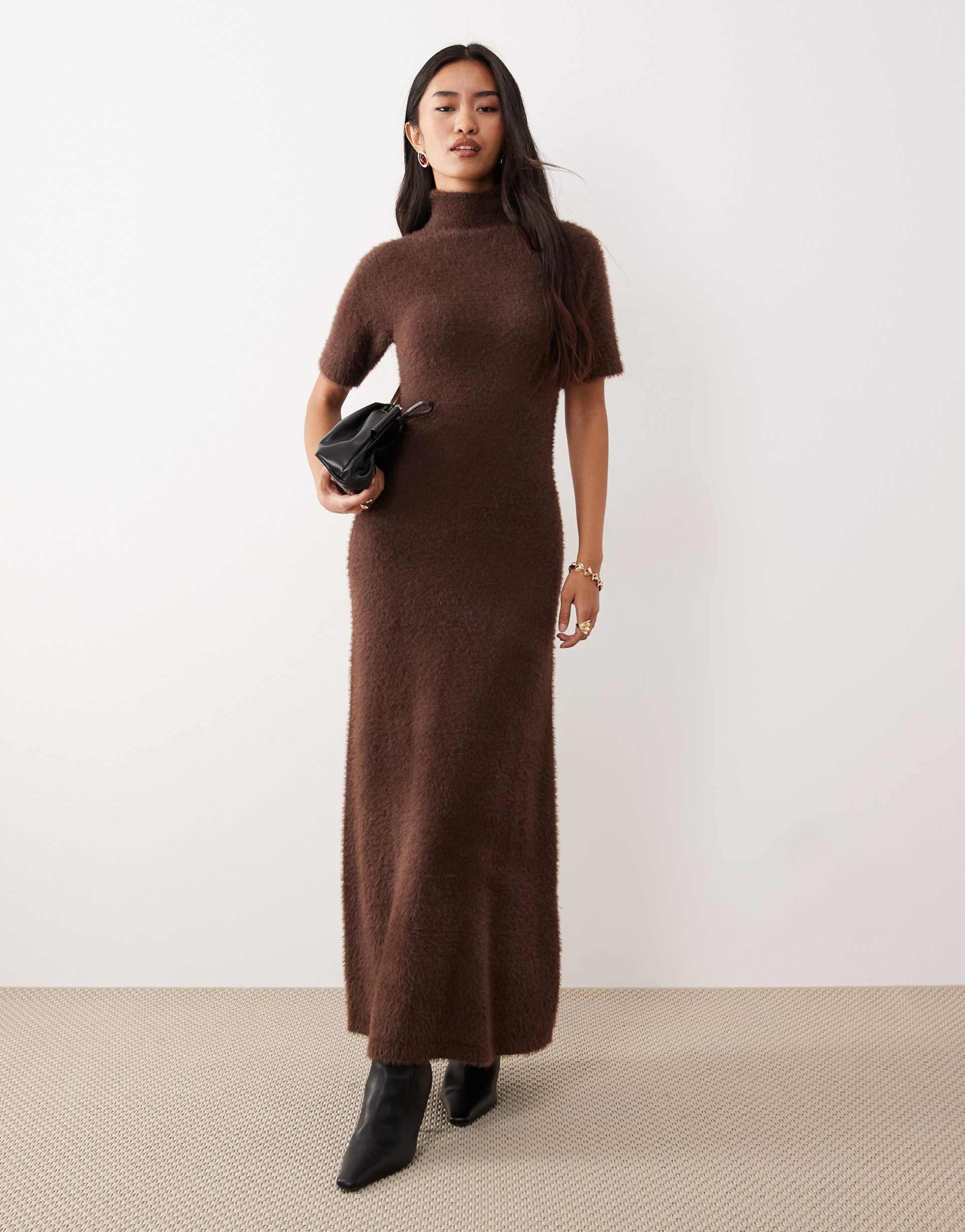 pretty lavish fluffy knit turtle neck short sleeve maxi dress in brown