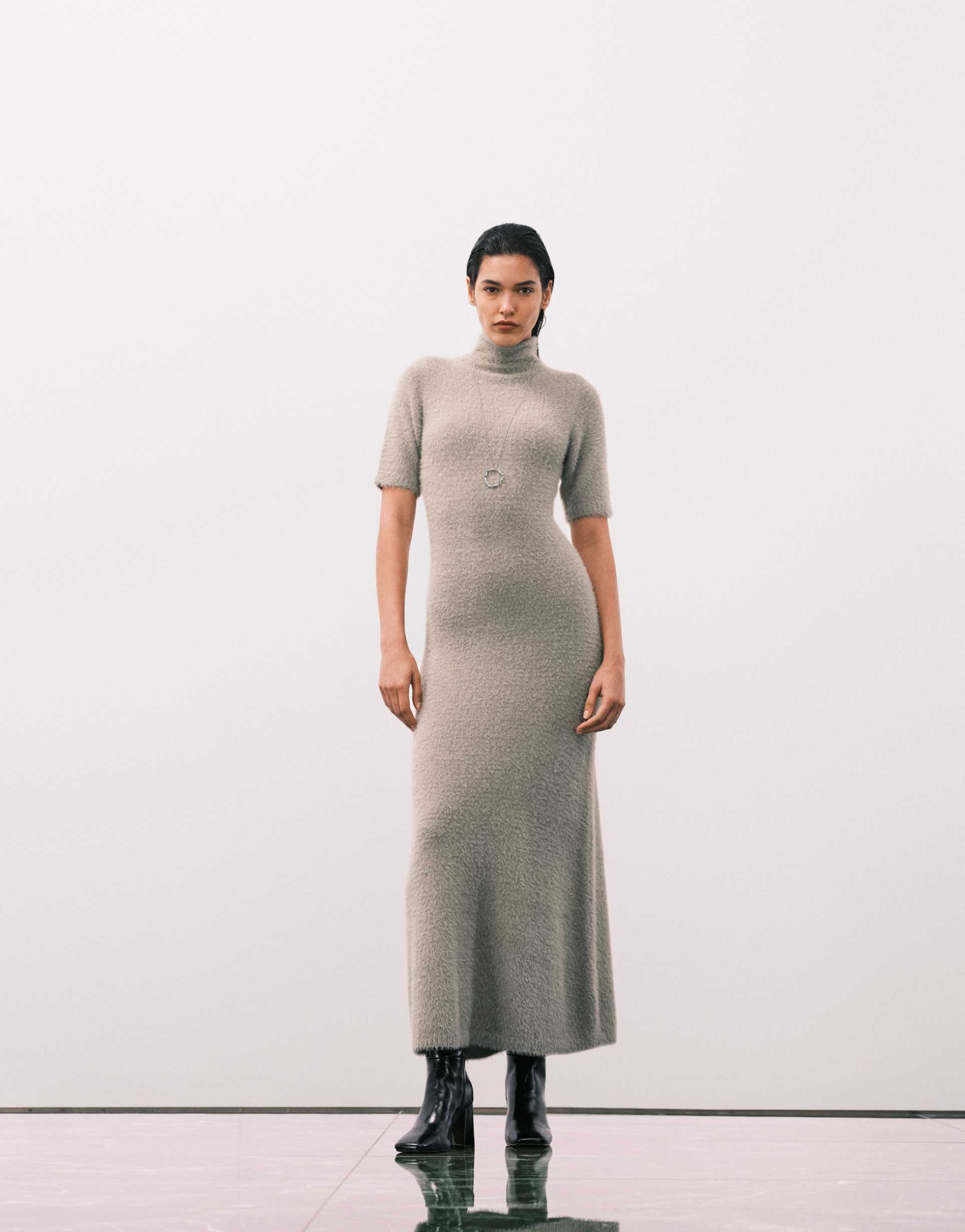 pretty lavish fluffy knit turtle neck short sleeve maxi dress in sage green