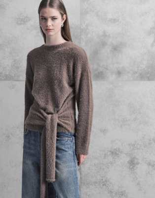 Pretty Lavish Fluffy Textured Tie Waist Sweater In Brown