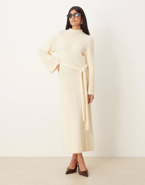 Pretty Lavish fluffy tie waist knit midaxi dress in cream - view 1