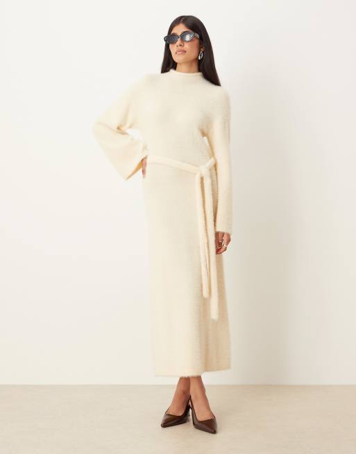 Pretty Lavish fluffy tie waist knit midaxi dress in cream