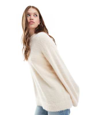 fluffy yarn sweater in cream-White