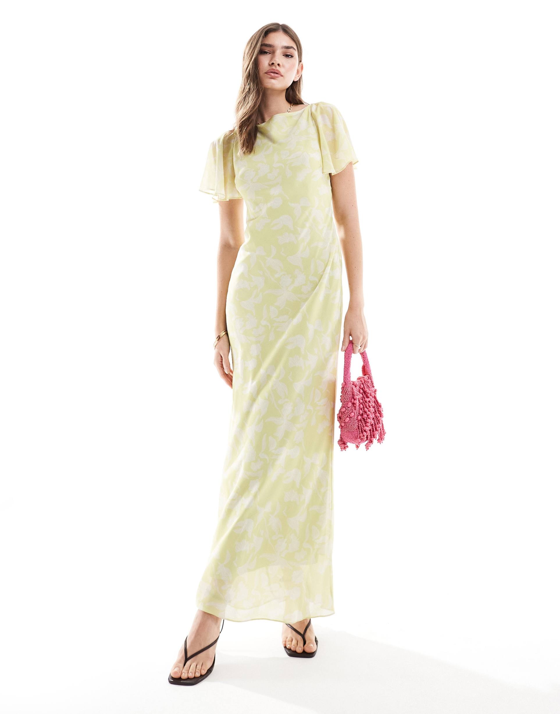 pretty lavish flutter sleeve maxi dress in sorbet botanic