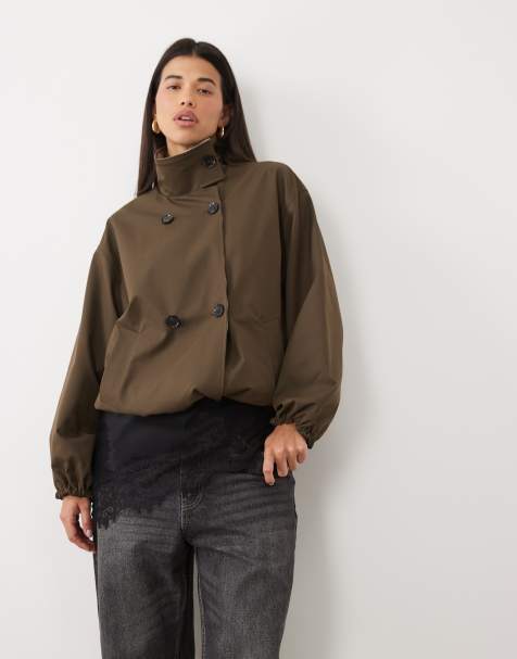 Pretty Lavish funnel neck drawcord hem reversible cropped trench coat in brown - view 1