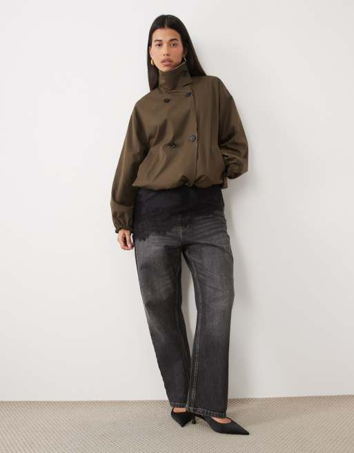 Pretty Lavish funnel neck drawcord hem reversible cropped trench coat in brown, 2 of 4