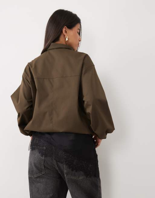 Pretty Lavish funnel neck drawcord hem reversible cropped trench coat in brown, 3 of 4