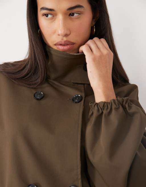 Pretty Lavish funnel neck drawcord hem reversible cropped trench coat in brown, 4 of 4