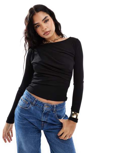 Pretty Lavish gathered jersey top in black - view 1