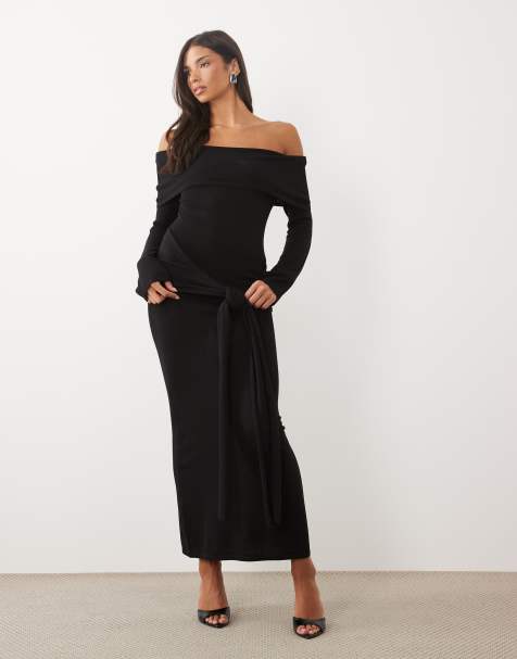Pretty Lavish gebreide bardot maxi jurk met strikdetail in zwart - view 1