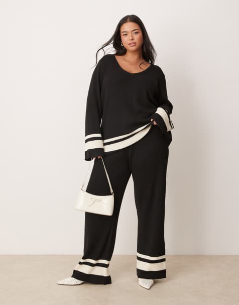 Pretty Lavish - Gebreide broek met contrast in zwart, deel van co-ord set - view 1