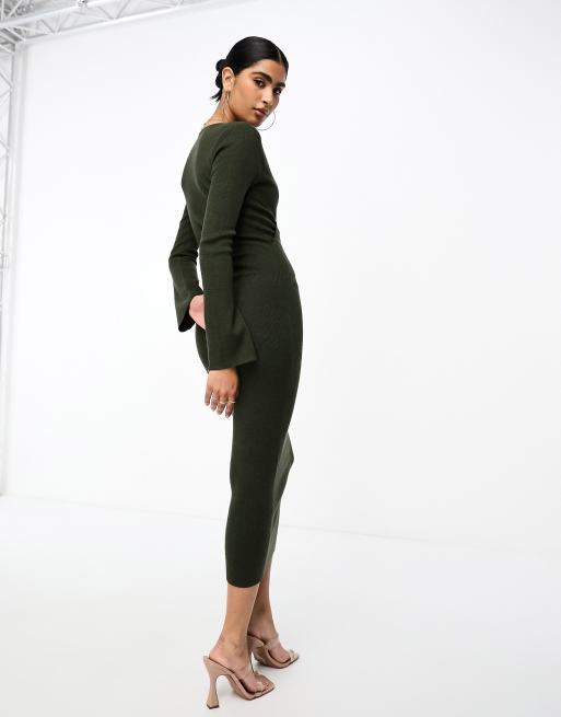 Pretty Lavish - Gebreide maxi jurk met overslag in olijfgroen, 3 van 4