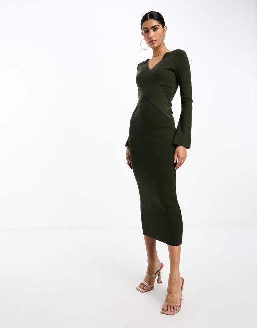 Pretty Lavish - Gebreide maxi jurk met overslag in olijfgroen, 4 van 4
