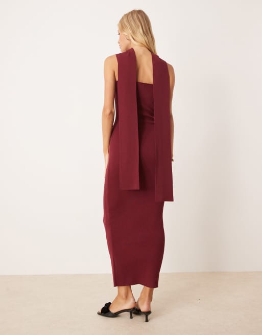 Pretty Lavish - Gebreide maxi-jurk met sjaal in bordeauxrood, 3 van 4