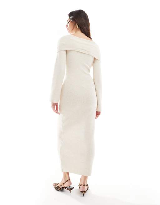 Pretty Lavish - Gebreide mdiaxi bardot-jurk met strik in ecru, 2 van 4