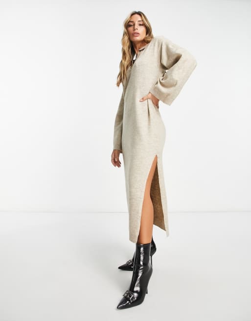 Pretty Lavish Gebreide midi overhemdjurk in beige ASOS