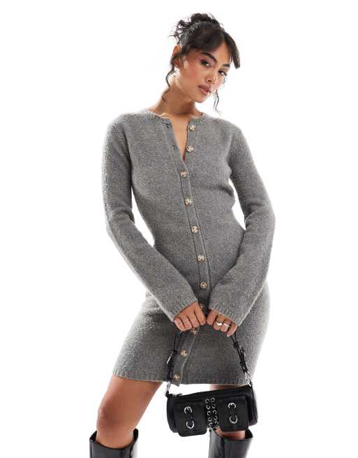 Pretty Lavish - Gebreide mini jurk met knoopsluiting in antracietgrijs