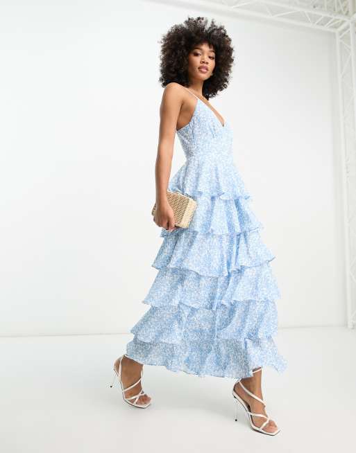 Pretty Lavish Gelaagde maxi jurk met ruches in blauwe fijne bloemenprint