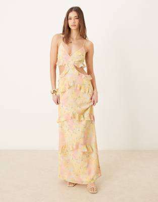 Pretty Lavish - Gerüschtes Maxikleid mit Cut-out und leuchtendem abstraktem Blumenmuster-Bunt