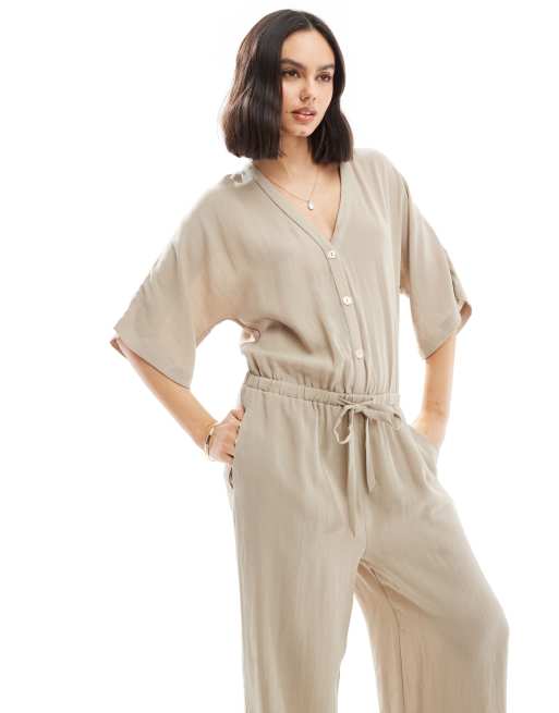 Pretty Lavish - Gesmokte jumpsuit met ballonmouwen in stone, 2 van 4