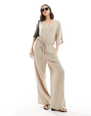 Pretty Lavish - Gesmokter Jumpsuit in Steingrau mit Ballonärmeln-Neutral