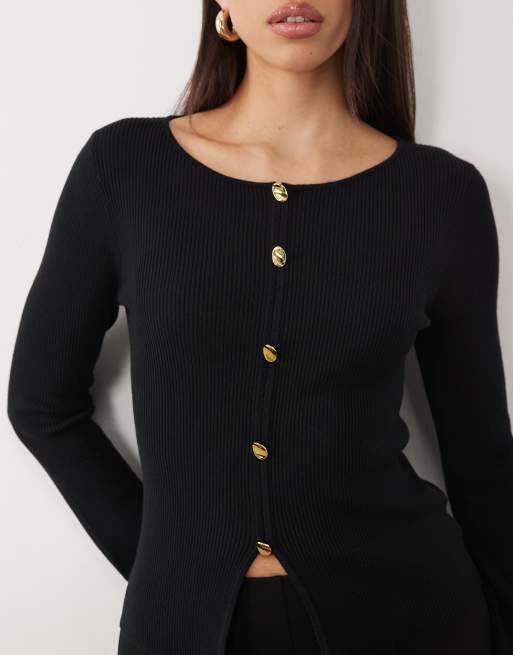 Pretty Lavish gilet en maille fine avec détails boutons dorés noir, 4 de 4