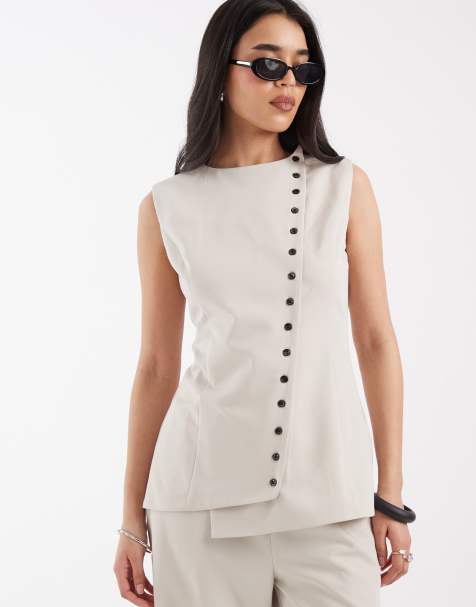 Pretty Lavish - Gilet sartoriale asimmetrico color pietra in coordinato - view 1