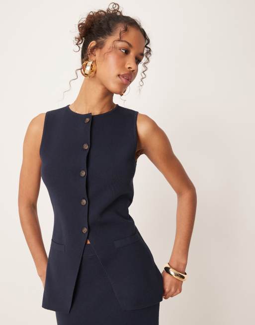 Pretty Lavish - Gilet taglio lungo in maglia blu navy in coordinato