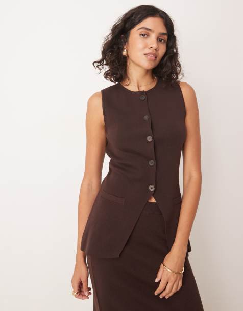Pretty Lavish - Gilet taglio lungo in maglia color cioccolato in coordinato - view 1