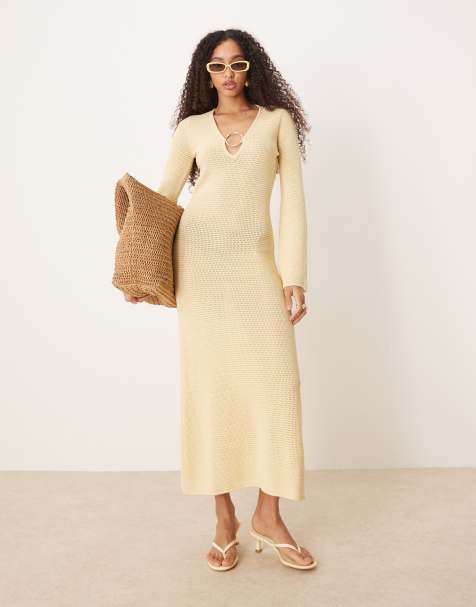 Pretty Lavish gold hardware crochet knit midaxi dress in lemon - view 1