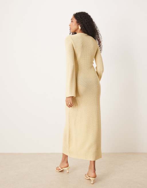 Pretty Lavish gold hardware crochet knit midaxi dress in lemon, 3 of 4