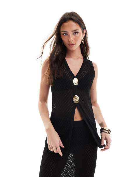 Pretty Lavish gold trim knit waistcoat co-ord in black - view 1