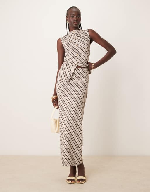 Pretty Lavish - Gonna lunga asimmetrica in jersey a righe marroni e panna in coordinato