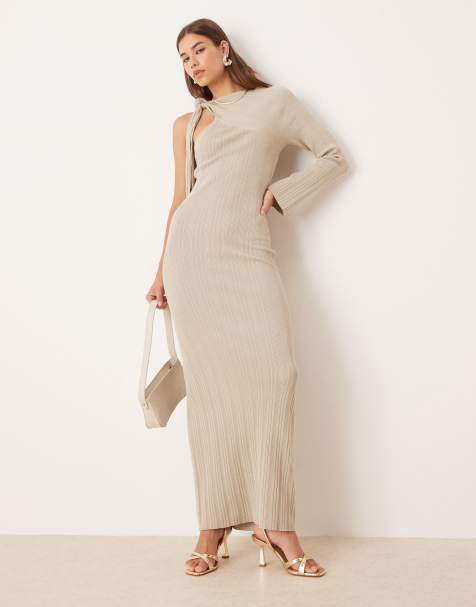 Pretty Lavish - Gråbrun strikket asymmetrisk midaxi-kjole med glimmer - view 1