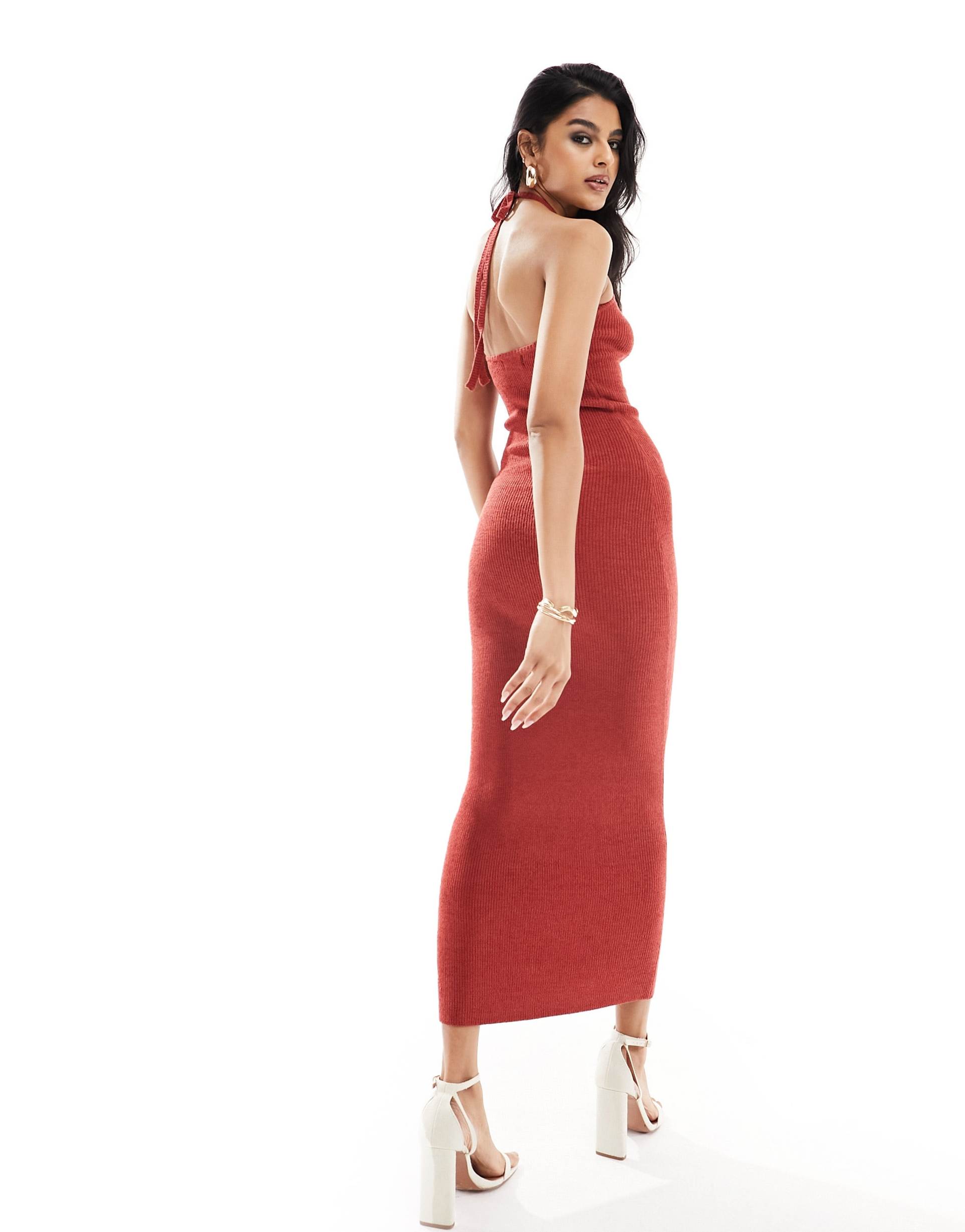 pretty lavish halter knit maxi dress in dusky rose