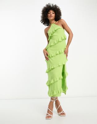 Pretty Lavish Halter-neck Ruffle Maxi Dress In Lime-green