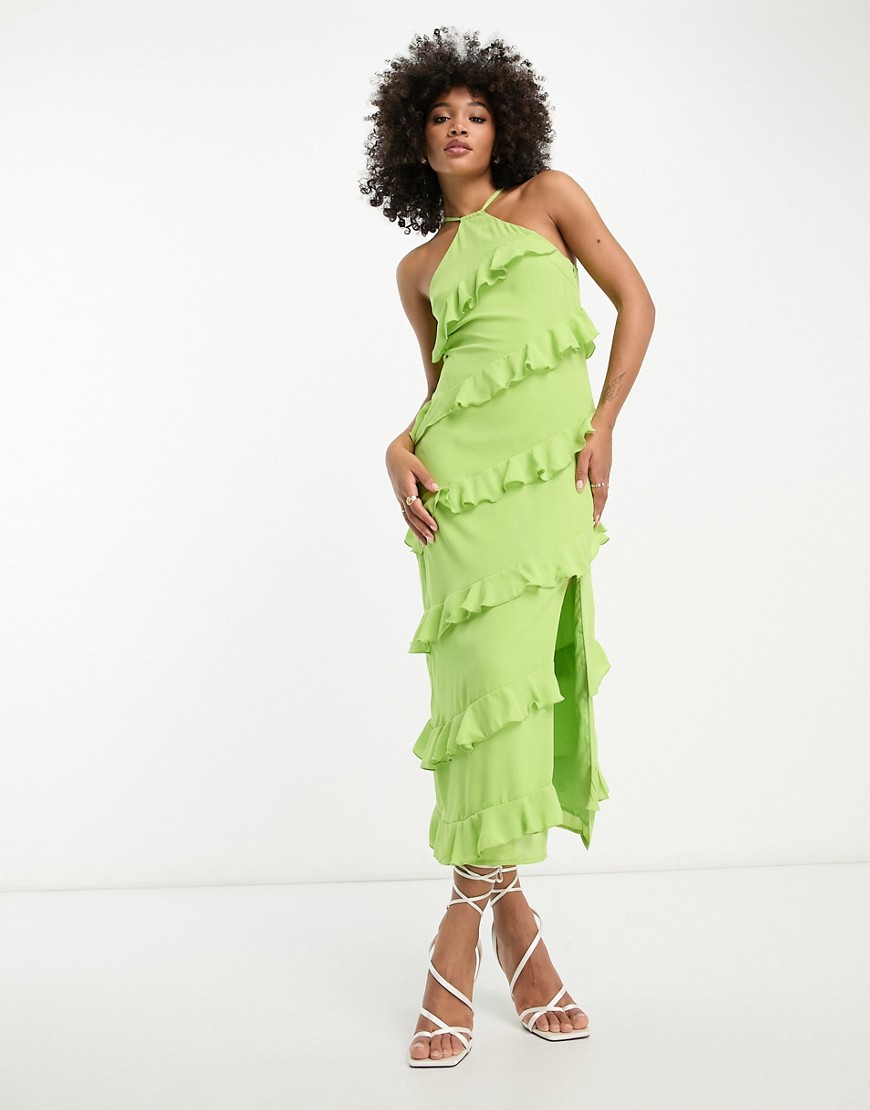 halter-neck ruffle maxi dress in lime-Green