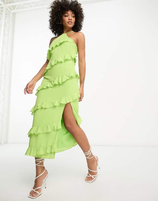 Pretty Lavish halter-neck ruffle maxi dress in lime