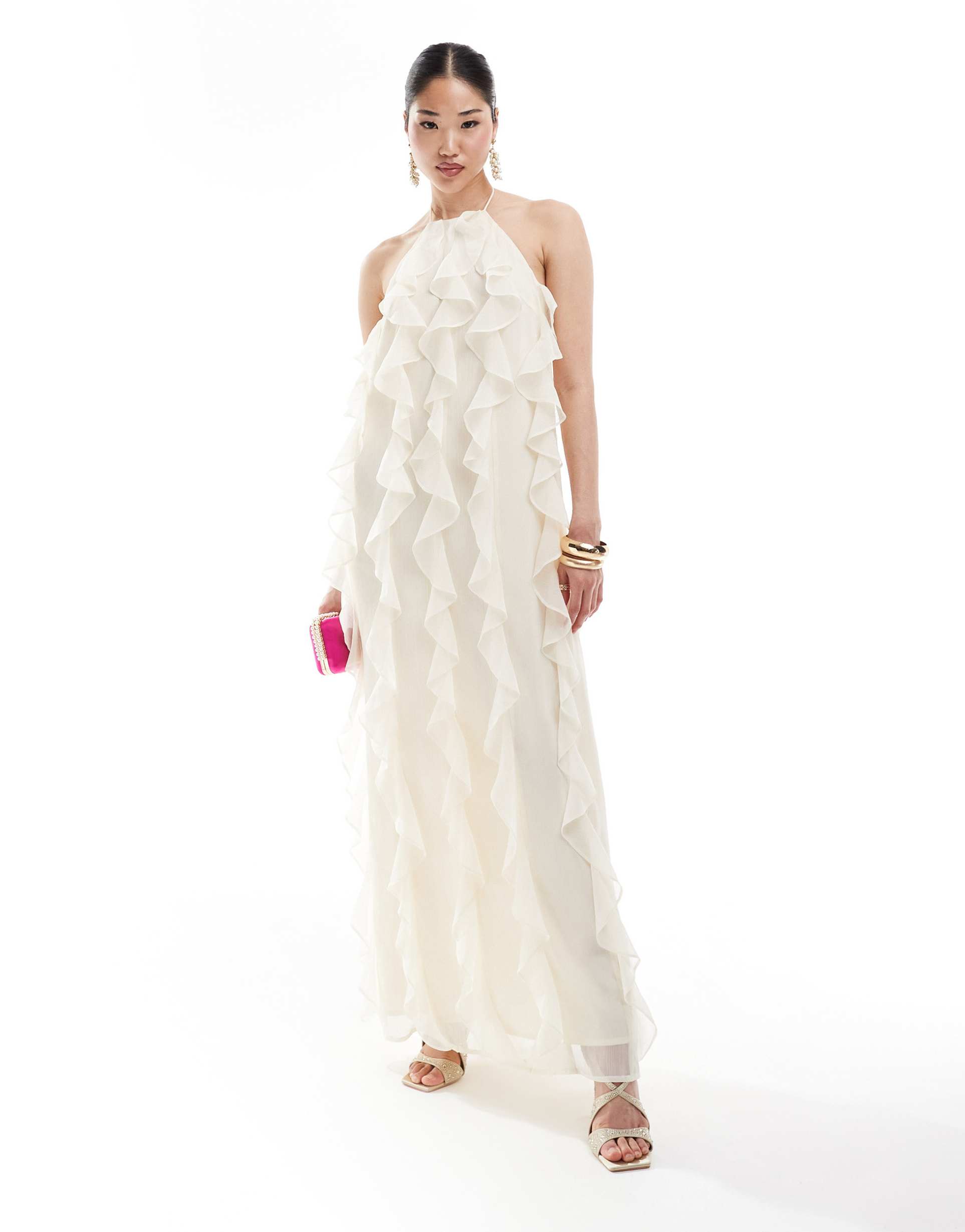 pretty lavish halter ruffle maxi dress in cream