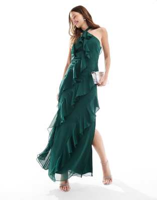 Pretty Lavish Halter Ruffle Maxi Dress In Emerald Green