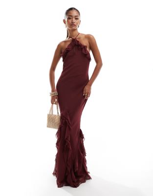 halter ruffle maxi dress in wine-Red