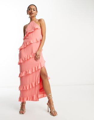 Pretty Lavish Pretty Lavish halterneck asymmetric ruffle maxi dress in coral-Pink