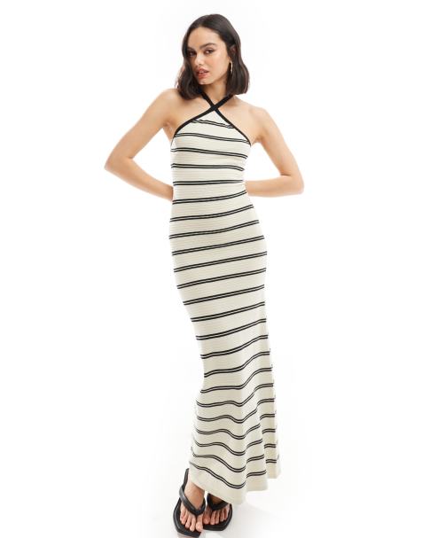 Pretty Lavish halterneck knit midaxi dress in cream stripe - view 1