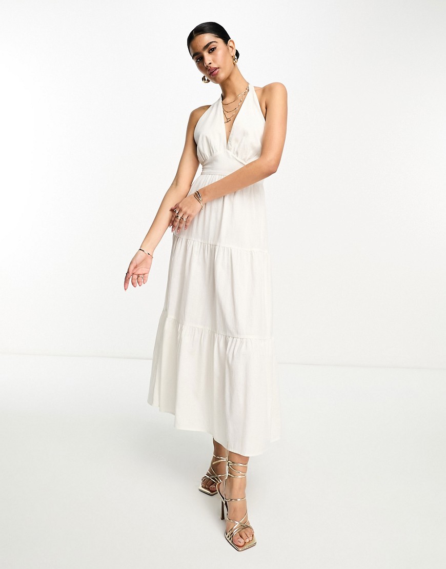 Pretty Lavish halterneck linen blend midaxi dress in white
