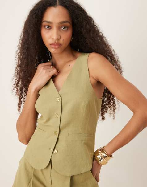 Pretty Lavish halterneck linen waistcoat co-ord in olive - view 1