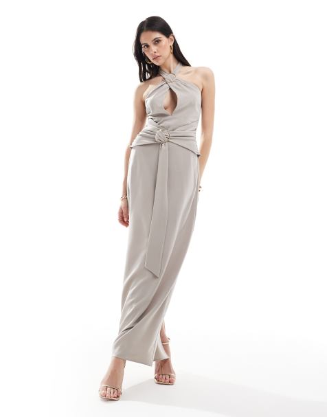 Pretty Lavish halterneck ring detail maxi dress in stone - view 1
