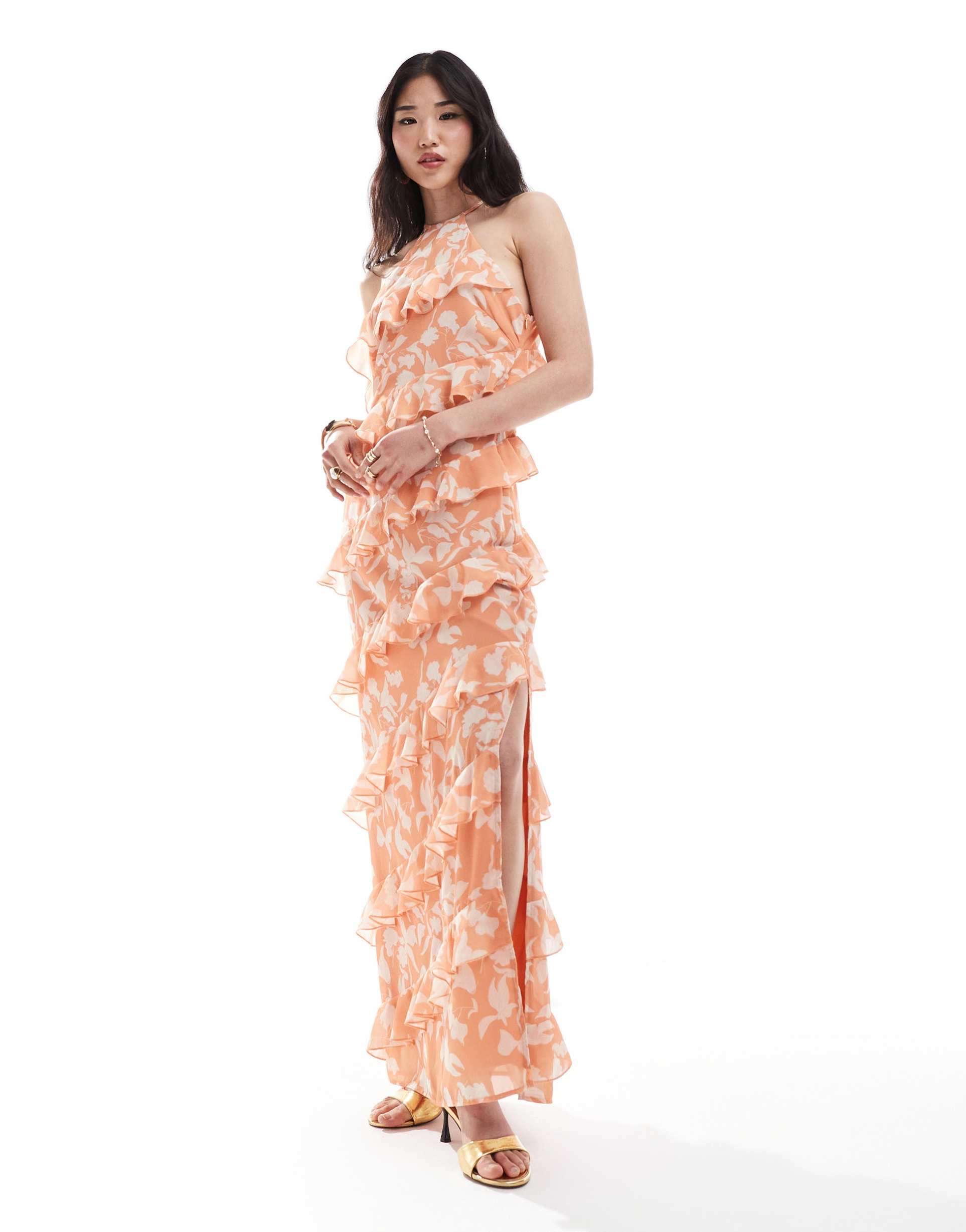 pretty lavish halterneck ruffle maxi dress in terracotta floral