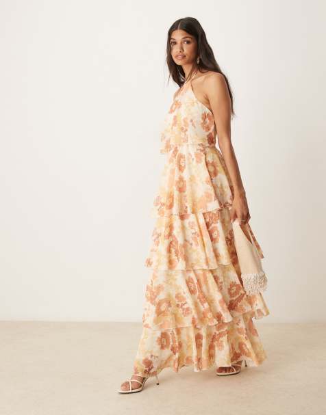 Pretty Lavish halterneck ruffle maxi dress in terracotta petal